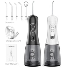 Load image into Gallery viewer, Portable Oral Irrigator Water Flosser Rechargeable 8 Modes Dental Water Jet for Teeth 400ML Tank Waterproof 5 Tips Teeth Cleaner