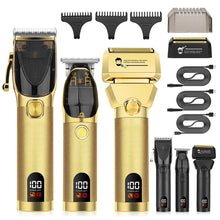 Load image into Gallery viewer, Rechargeable Professional Barber Shop Salon Hair Cutting Machine Clippers Trimmer Foil Shaver Gold Black 3 Pieces Set