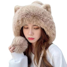 Load image into Gallery viewer, Cute Cat Ears Winter Hat Add Fluff Lined Windproof Warm Beanies With Hairballs Outdoor Ear Protection Luxury Hats For Women
