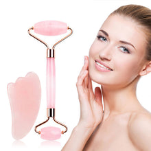 Load image into Gallery viewer, Rose Quartz Roller Slimming Face Massager Lifting Natural Jade Facial Tension Roller Stone Skin Massage Beauty Care Set Box
