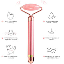 Load image into Gallery viewer, 5-in-1 24K Gold Beauty Bar Face Massager Electric Vibrating Rose Quartz 3D Roller Face Lifting Body Facial Gua Sha Jade Roller
