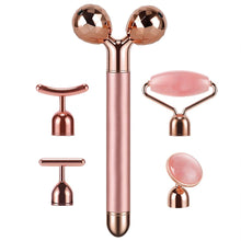 Load image into Gallery viewer, 5-in-1 24K Gold Beauty Bar Face Massager Electric Vibrating Rose Quartz 3D Roller Face Lifting Body Facial Gua Sha Jade Roller
