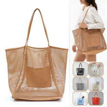 Load image into Gallery viewer, Spring Summer Solid Color Hollow Mesh Tote Bag Large Capacity Travel Shoulder Tote Bag Daily Beach Swimming Gym Shopping Bag
