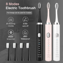 Load image into Gallery viewer, Smart Sonic Electric Toothbrush USB Rechargeable Soft Bristle Dental Care Kit IPX7 Waterproof 8 Speed Mode 500mAh 4 Brush Heads
