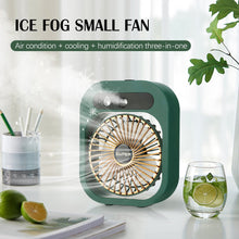 Load image into Gallery viewer, Portable Mist Fan USB Rechargeable Battery Desktop Air Conditioning Water Spray Humidifier Moisturizing Cooling Fan 3 Speeds
