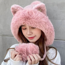 Load image into Gallery viewer, Cute Cat Ears Winter Hat Add Fluff Lined Windproof Warm Beanies With Hairballs Outdoor Ear Protection Luxury Hats For Women
