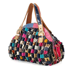 Load image into Gallery viewer, Quality Leather Colorful Geometric Pattern Stitching Handbag
