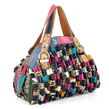 Load image into Gallery viewer, Quality Leather Colorful Geometric Pattern Stitching Handbag
