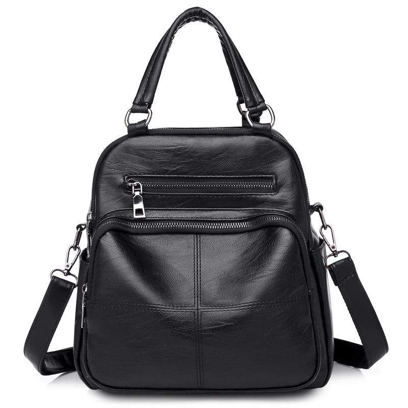 Women's Soft Leather Shoulder Bag Women's Backpack (Black)