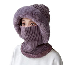 Load image into Gallery viewer, Knitted Hat Pompom Plush Ears Protection Solid Color Autumn Winter Women Face Cover Neck Gaiter Warmer Beanie Cap for Ski
