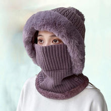 Load image into Gallery viewer, Knitted Hat Pompom Plush Ears Protection Solid Color Autumn Winter Women Face Cover Neck Gaiter Warmer Beanie Cap for Ski
