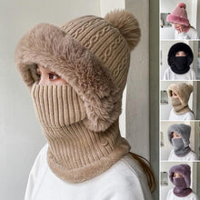 Load image into Gallery viewer, Knitted Hat Pompom Plush Ears Protection Solid Color Autumn Winter Women Face Cover Neck Gaiter Warmer Beanie Cap for Ski
