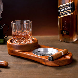 2 In 1 Wooden Ashtray Rustic Wood Whiskey Glass Cup Tray Cigar Holder